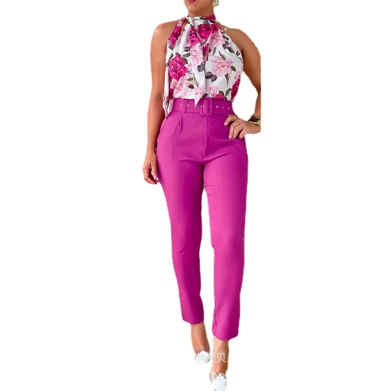 Camiseta sin mangas con estampado Floral y pantalones de cintura alta para mujer, conjunto de dos piezas con cinturón, Halter Top corto con lazo,