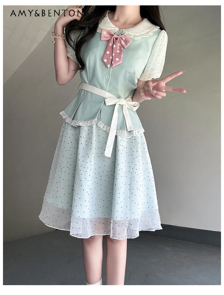 

2025 Summer JK Uniform College Style Purple Polka Dot Skirt Set Yellow Black Doll Collar Top Pink Green Mid-Length Skirt