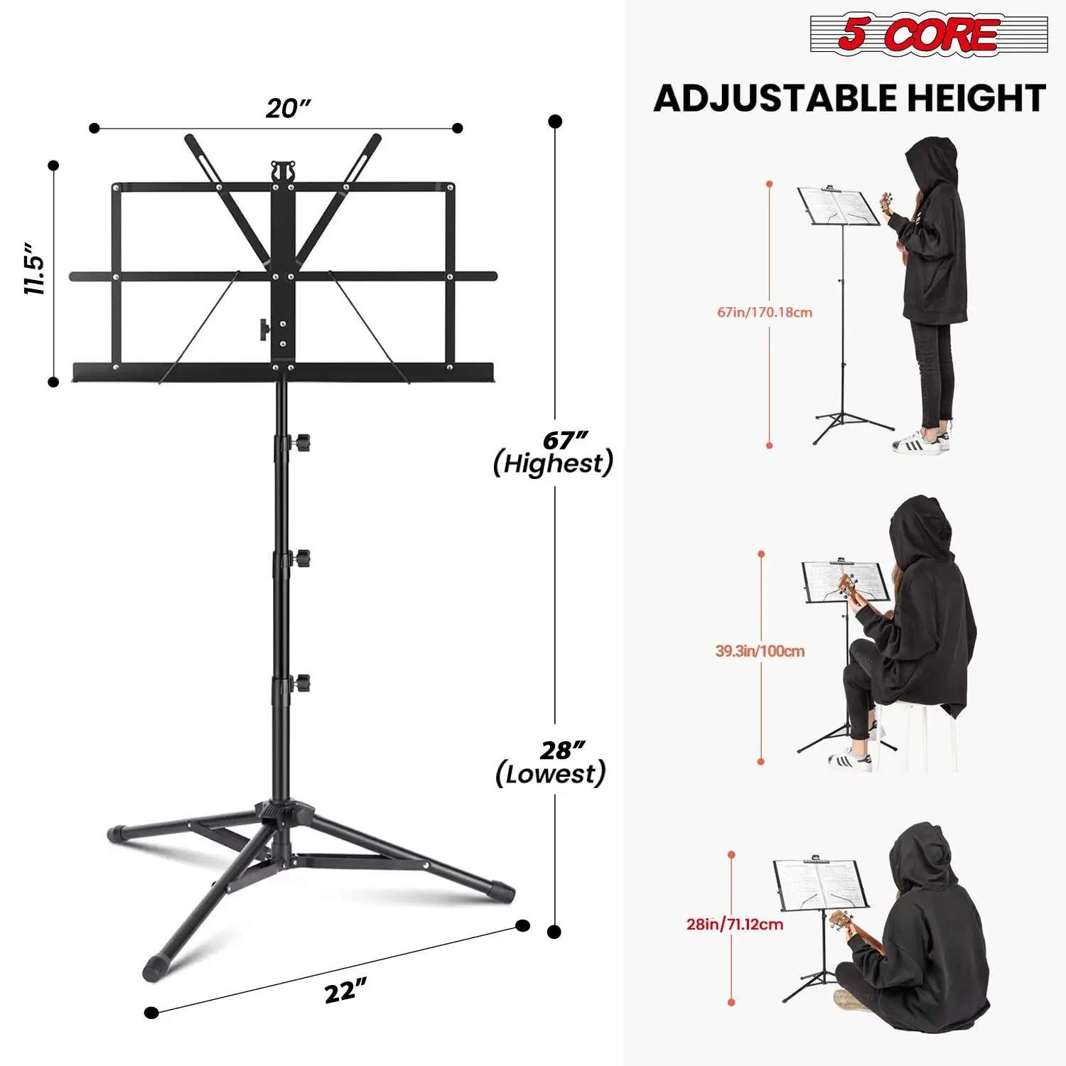 5 Core Music Stand For Sheet Music Portable Tripod Adjustable Folding Note Holder MUS FLD 4S BLK WLGT