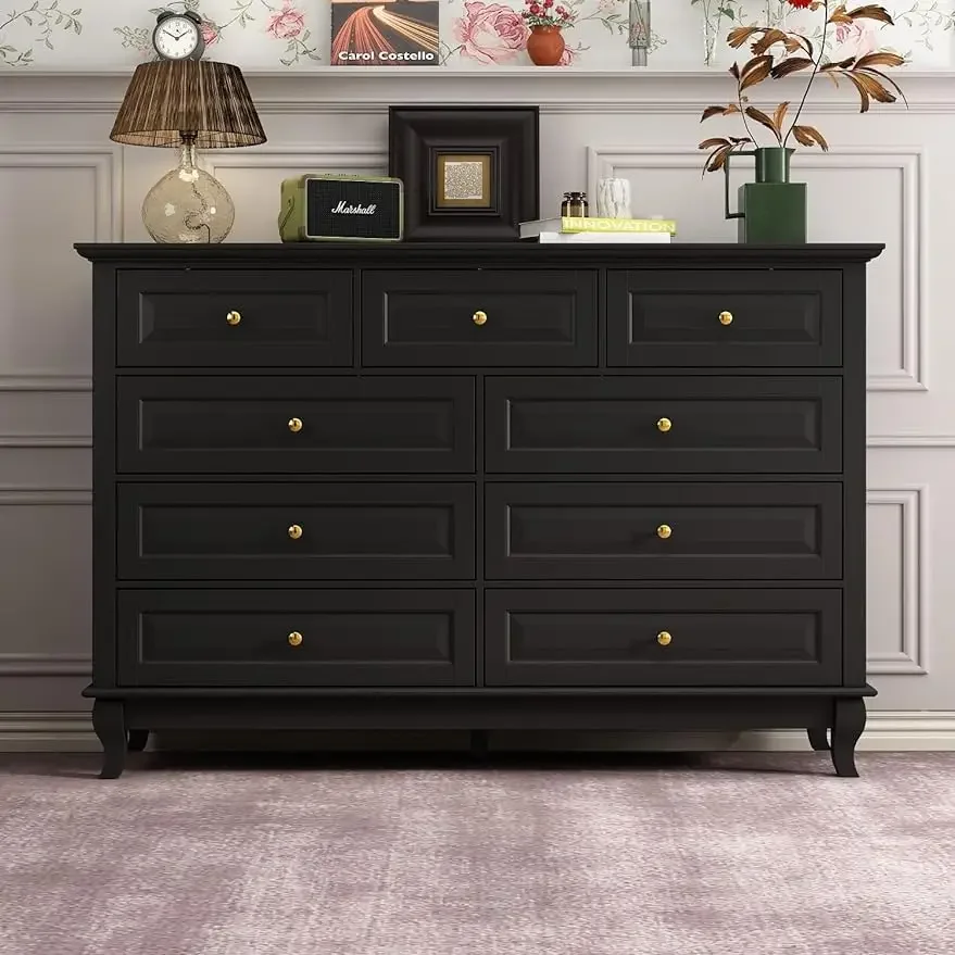 Chest of Drawers 9 Drawer Dresser, Modern Contemporary Dresser with Sliver Handles, Wooden Legs, for Bedroom，Black, White