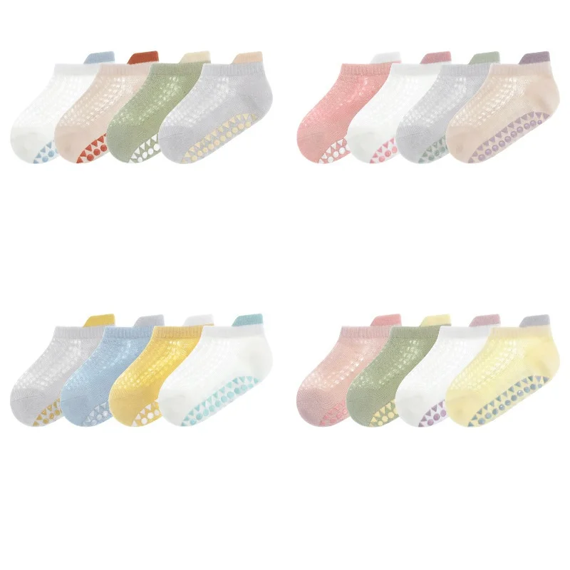 4 paires de chaussettes fines en coton pour bébés de 0 à 5 ans, chaussettes de sol antidérapantes pour nourrissons et tout-petits, en maille d'été, Trampoline