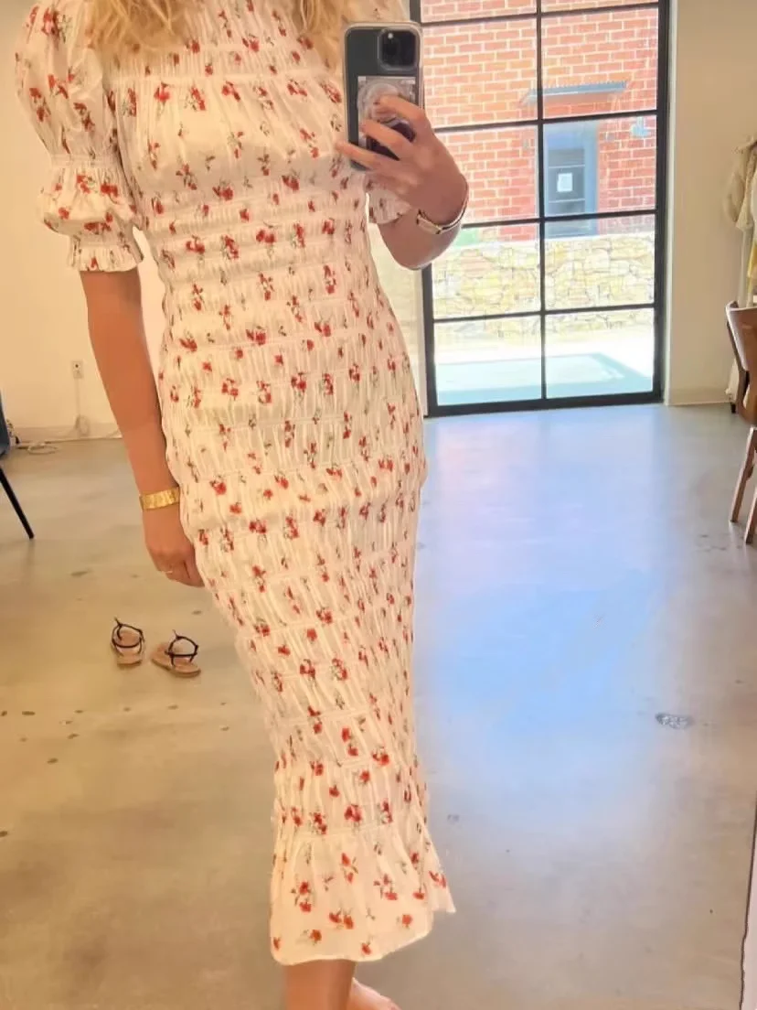 Floral Print Frauen Baumwolle Lange Kleid Sommer Puff Sleeve Rundhals Casual Weibliche Robe