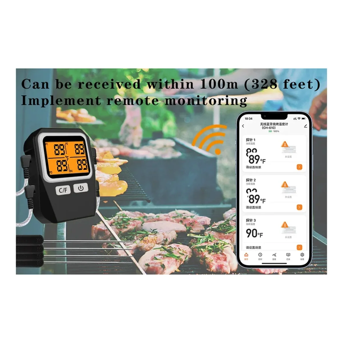 A71Z Tuya 100M Wireless Meat Food Thermometer Kitchen Cooking Tool Oven Grill BBQ Bluetooth Temperature Meter(Silver)
