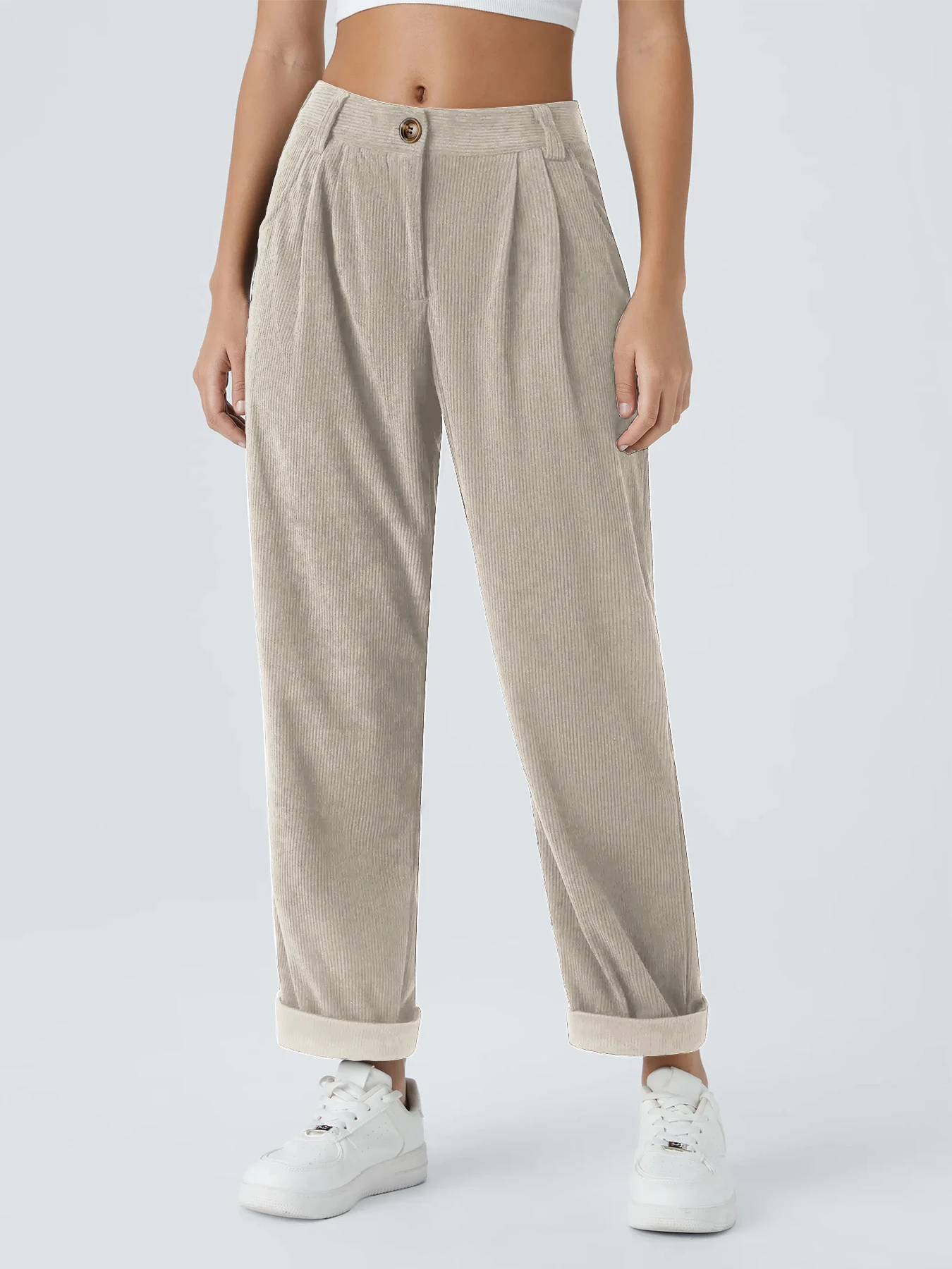 Neue Herbst- und Winter-Freizeitanzüge für Damen in Unifarben aus Cord mit weitem Bein und geraden, samtartigen Hosen, die schlank aussehen – Detail 11