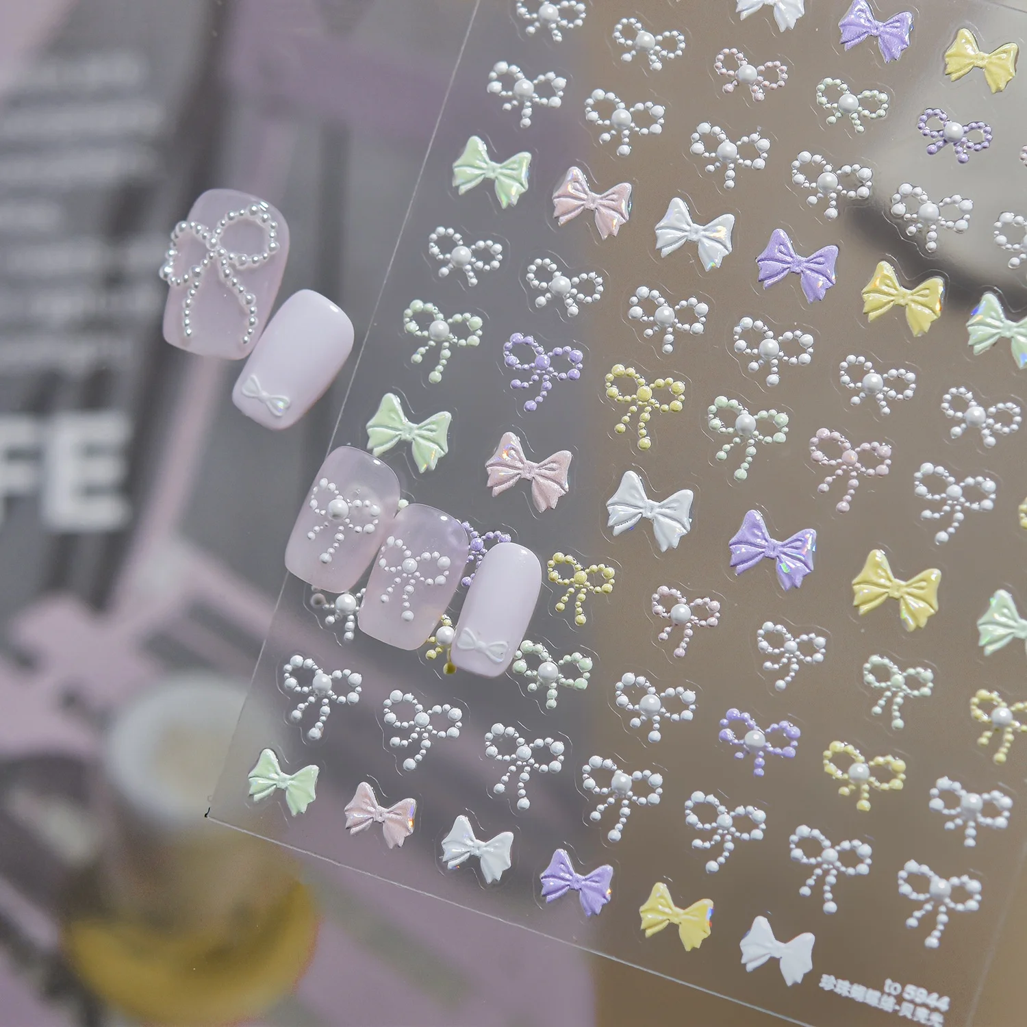 Lovely Pastel Bow French Sweet Bowknot 5D Nail Art Stickers Ribbon Bow Pearl Chain Self Adhesive Manicure Decals for Women DIY
