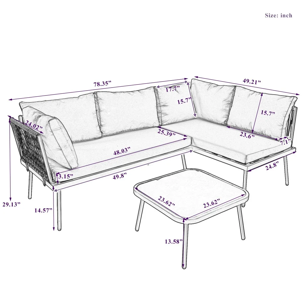 Set Sofa rotan PE 3 potong, Set furnitur teras logam dengan bantal dan meja kaca