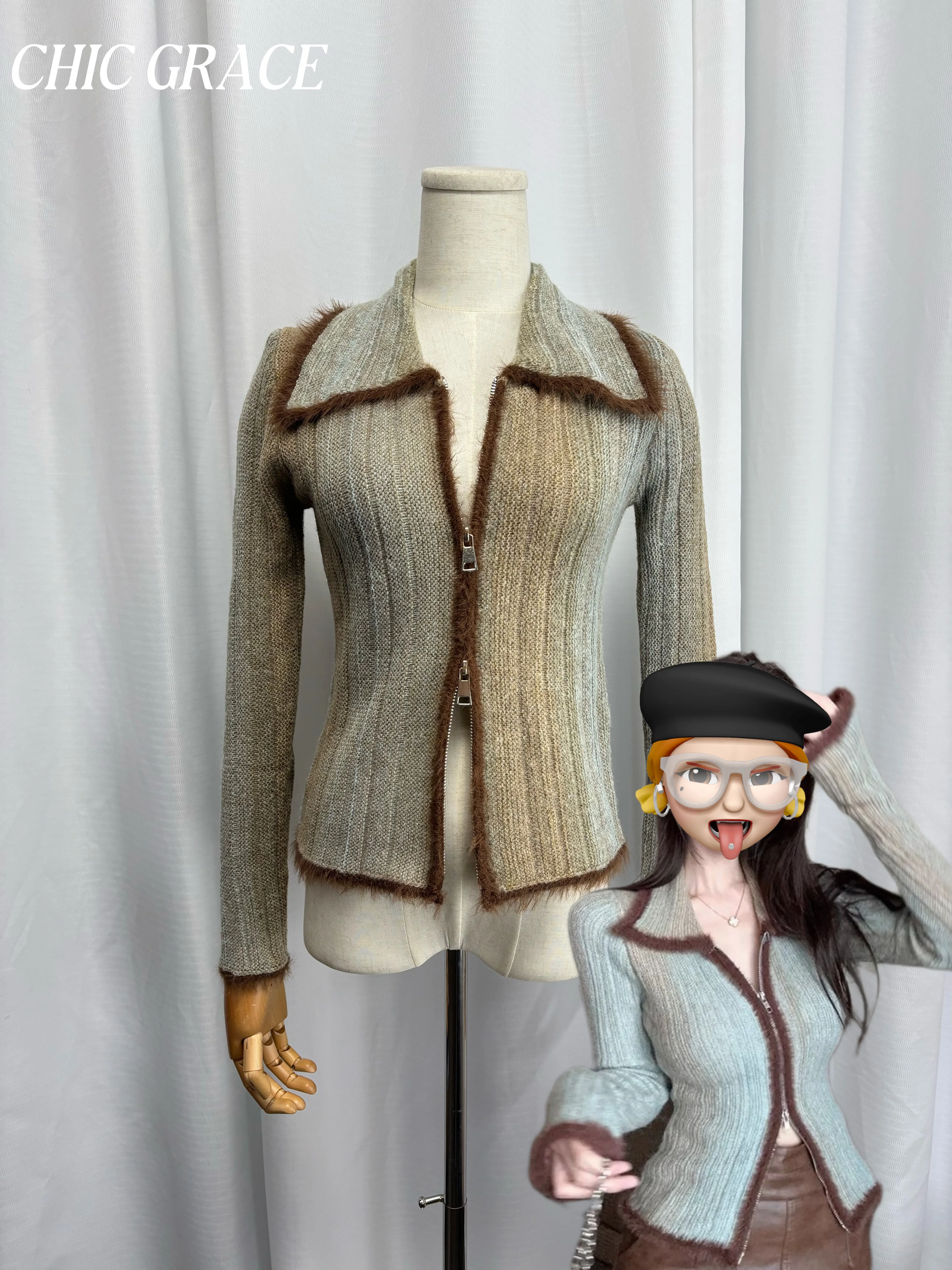 

Real shot Women's 2025 Autumn Winter Y2K Crop Fitted Long Sleeve Knit Cardigan Contrast Trim Zipper Design Outerwear Inner Wear