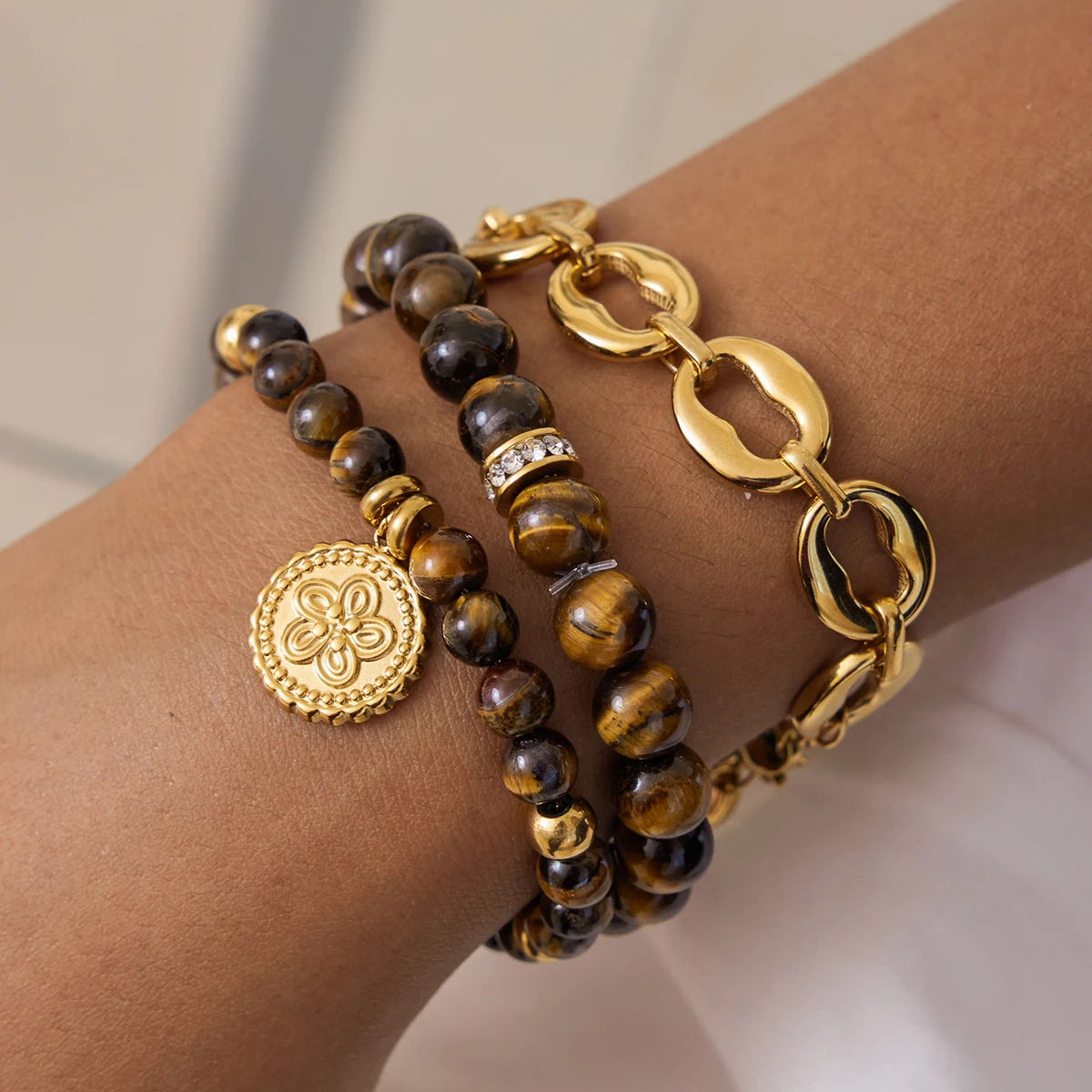 

AIKOER Vintage Trendy 18K Gold Color Plated Flower Coin Pendant Natural Stone Bead Bracelets Waterproof Stainless Steel Jewelry