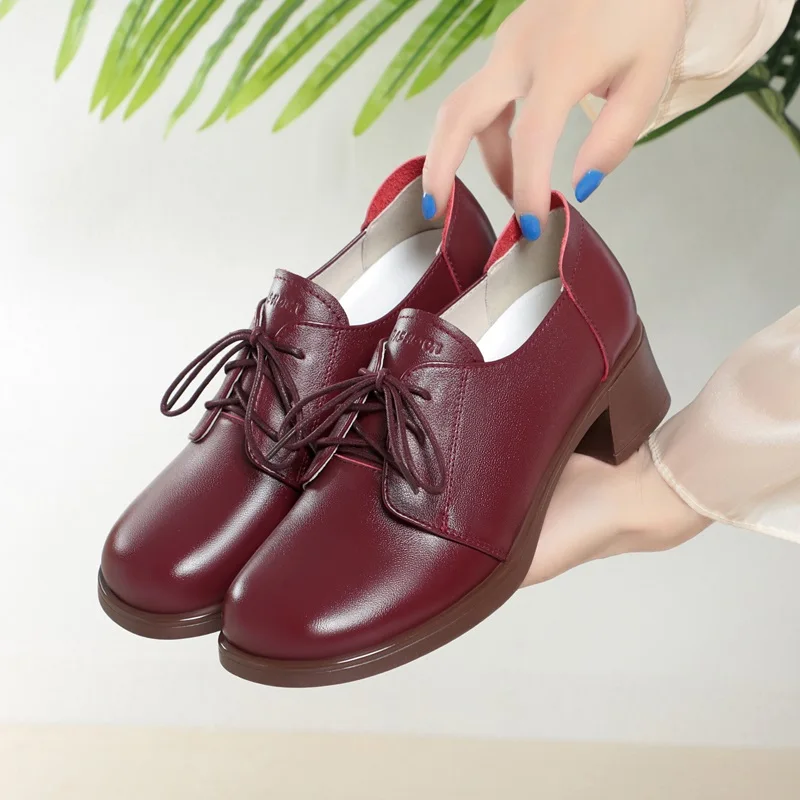 DRKANOL Women Genuine Leather Shoes Lace-Up Round Toe Soft Bottom Thick Heel Leisure Pumps Solid Color Office Shoes Big Size 42