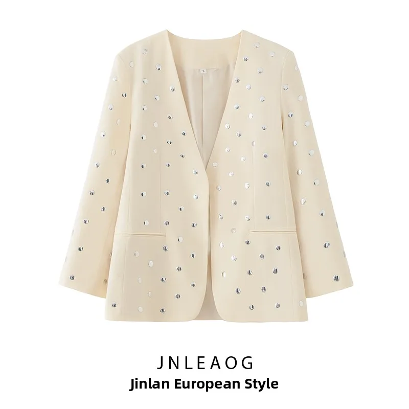 

JNLEAOG Faionable Casual Sle Women's Suit Jaet Rivet Decoration Versatile Design Polyester Busin Wear Long Sve