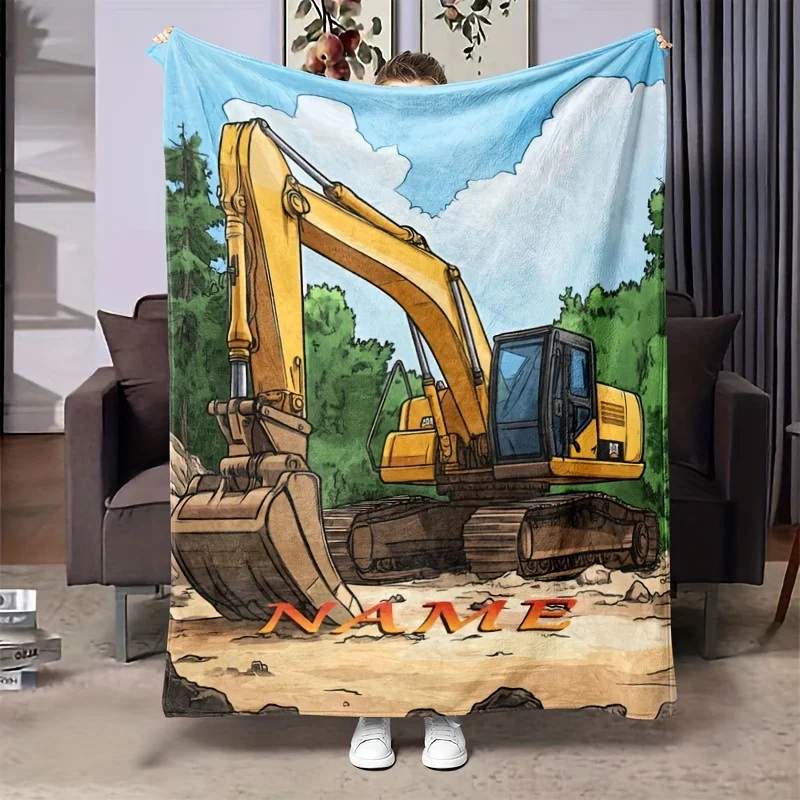A customizable excavator cartoon design plush blanket,digital printed soft polyester,modern style,all season knitted comfortable