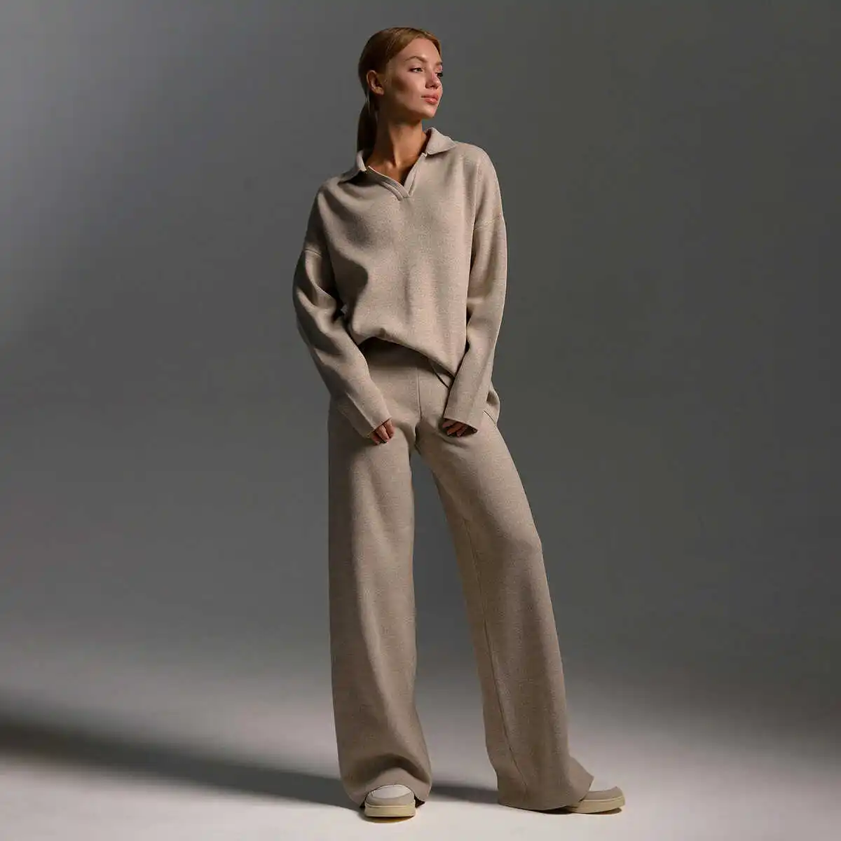 Knitted  Neck Sweater Set Wide Leg Pants Casual Outfit Women's Fashion Ensemble Winter Collection 25-35 Years Old