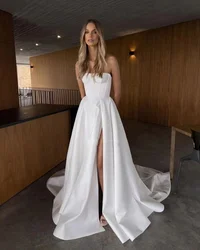 Strapless A-line Wedding Dress Vintage Satin Sweep Train High Slit Bridal Gowns 2024 Customize Robe De Mariee Custom Made