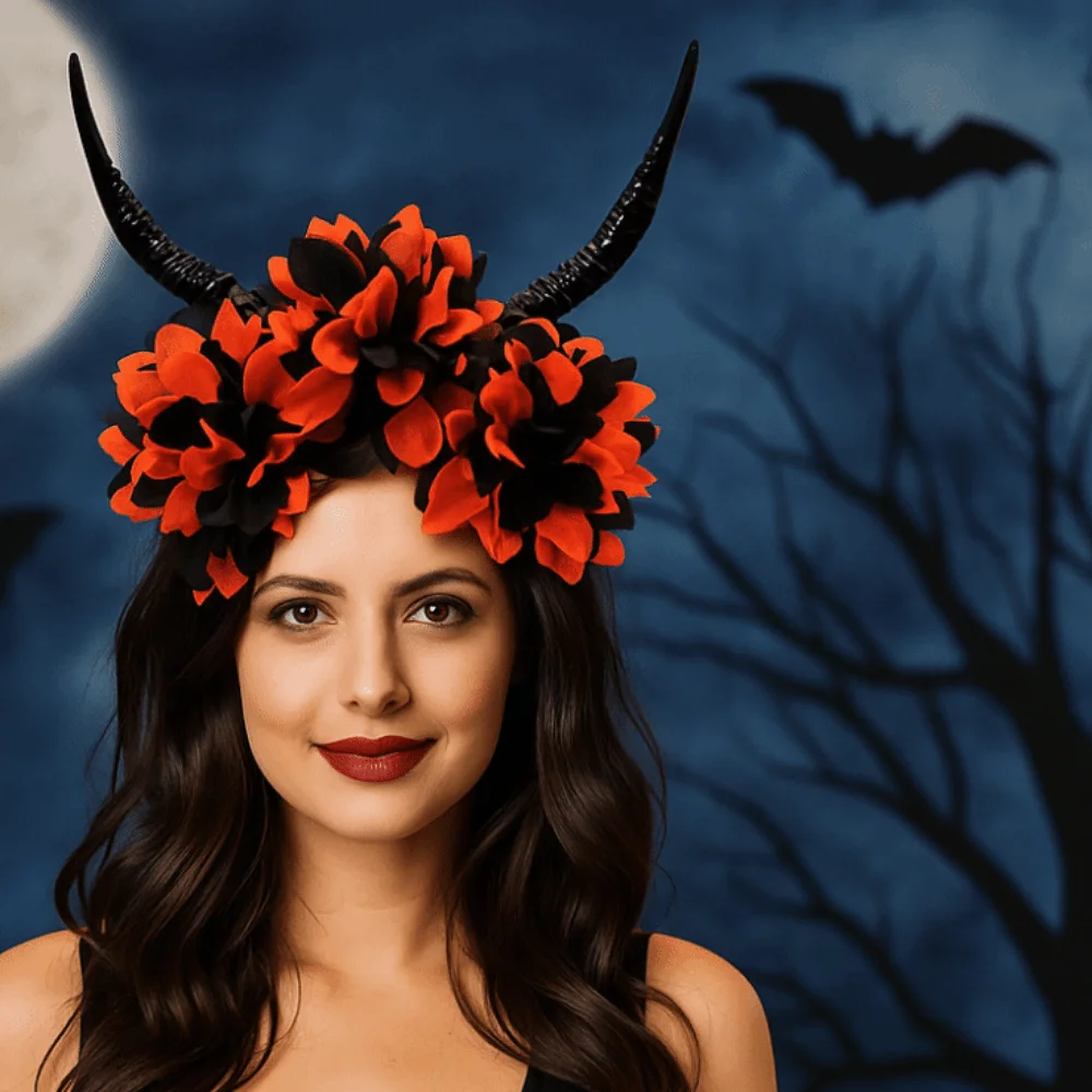 Esagera la fascia in corno da demone, fiori di simulazione, accessori per capelli da strega, copricapo gotico, decorazione del festival della regina cattiva