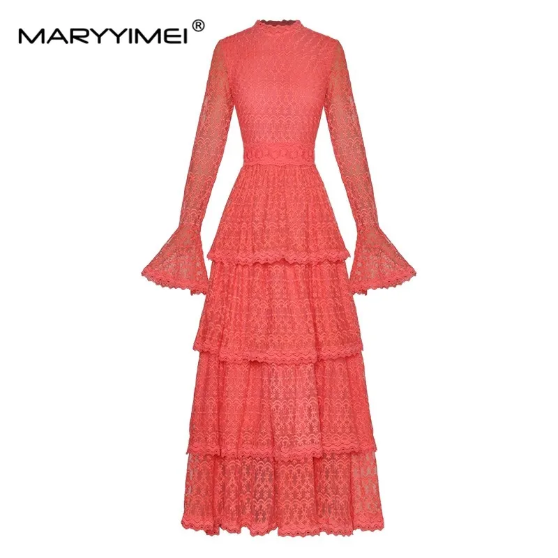 

MARYYIMEI Spring Summer Women's dress Flare Sleeves Dresses Mesh Embroidery Cascading Ruffle Party Maxi long Cake Dresses