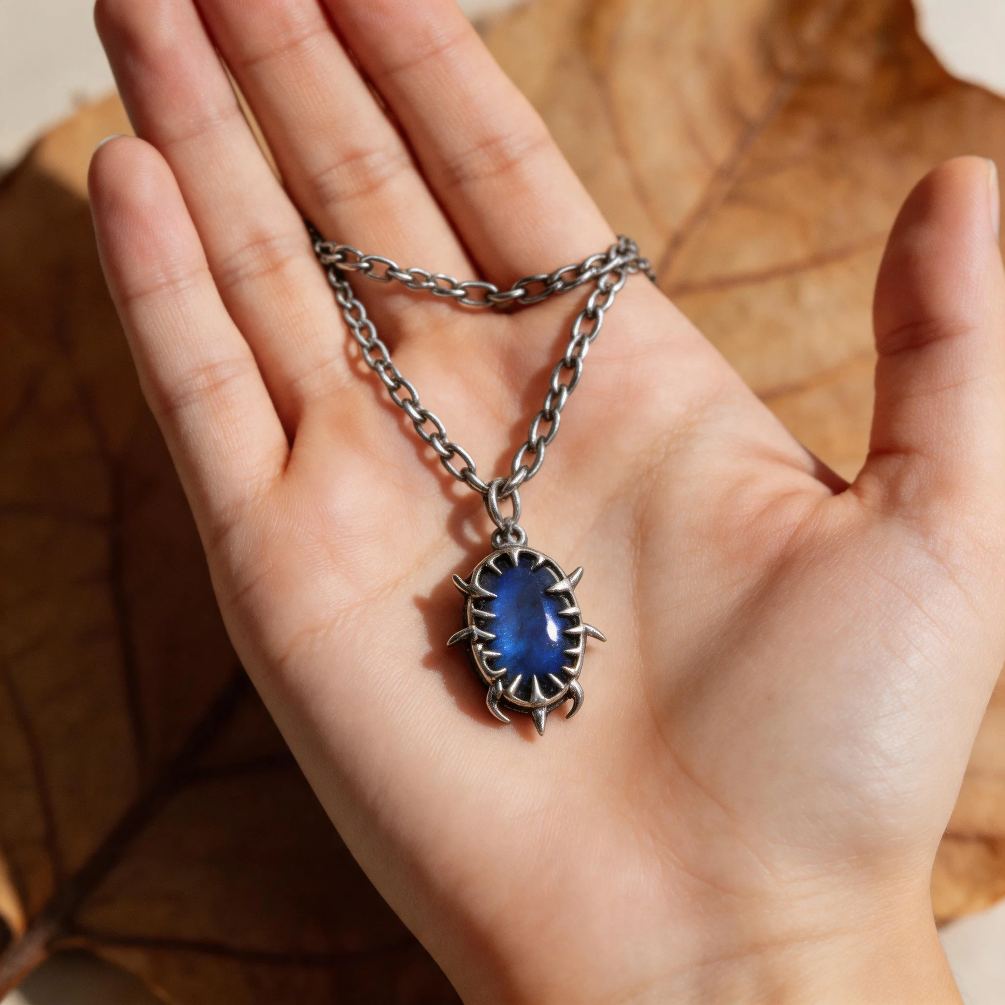 18+2inch Silver Oval Thorn Sparkle Stone Stainless Steel Necklace, Soldered Tin Handmade Gothic Boho Jewelry
