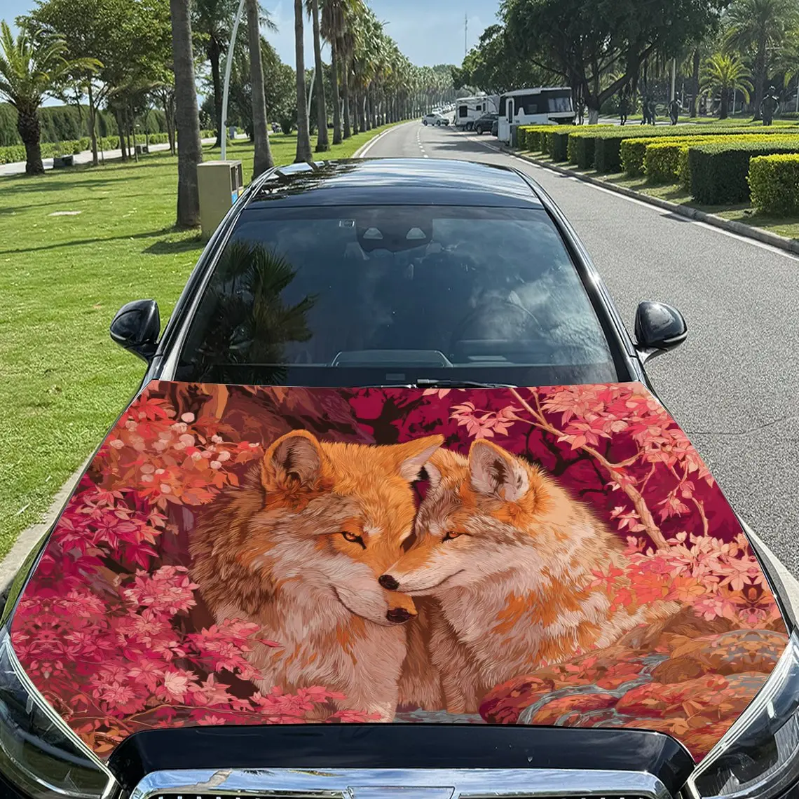 Loups romantiques affascinants avec enveloppe florale en vinyle pour voiture, autocollant imperméable en PVC pour capot de voiture, auto-adhésif résistant aux rayures