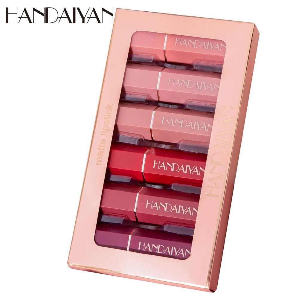 HANDIAYAN Nude Velvet Lipstick Kit 6 Colors/box Lips Makeup Cosmetics Cream Matte Lip Stick Set Waterproof Silky Lip Balm Pencil