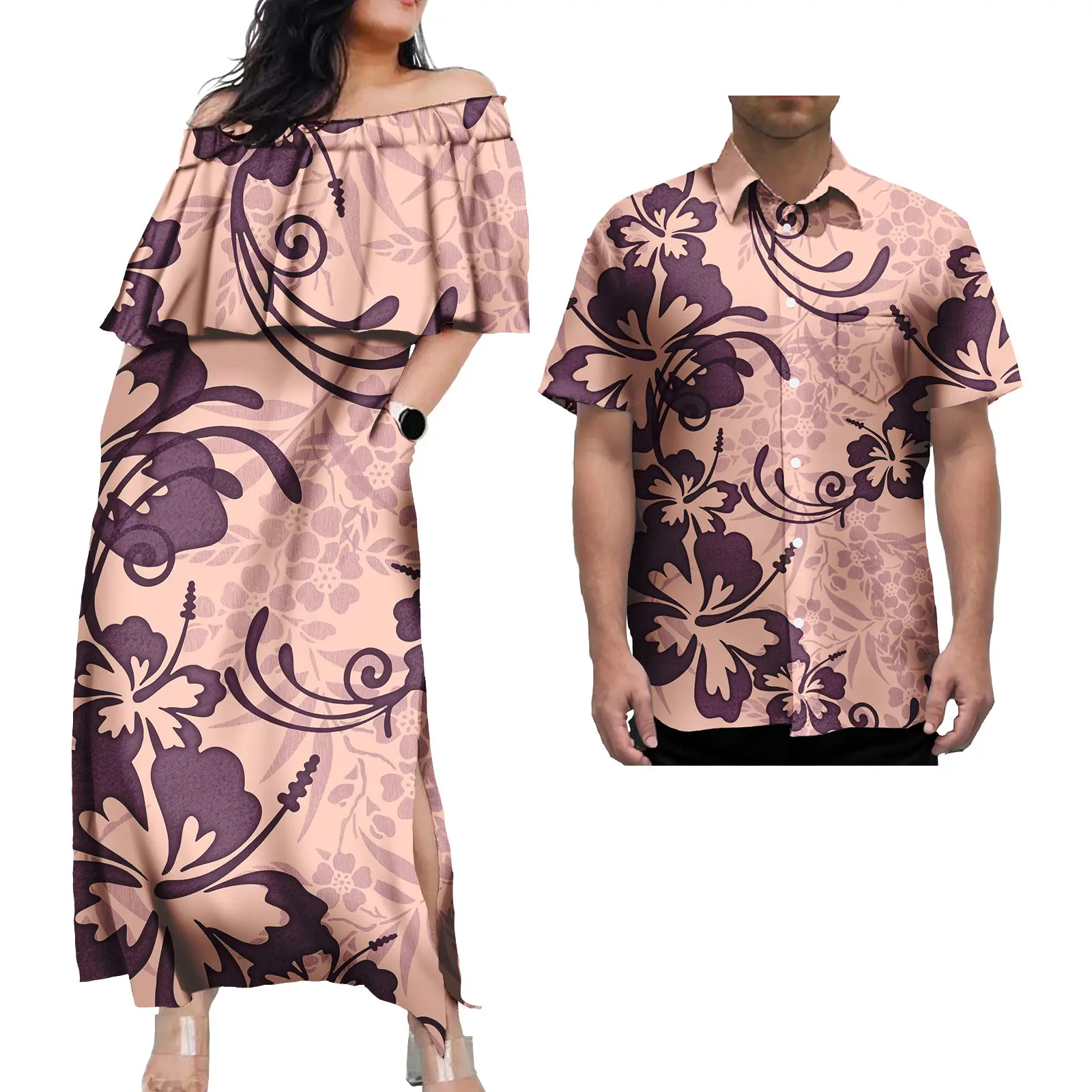 Abiti da coppia da sera Abiti casual con stampa tropicale tribale polinesiana e camicia da uomo Abito da coppia Abiti da coppia tribali eleganti