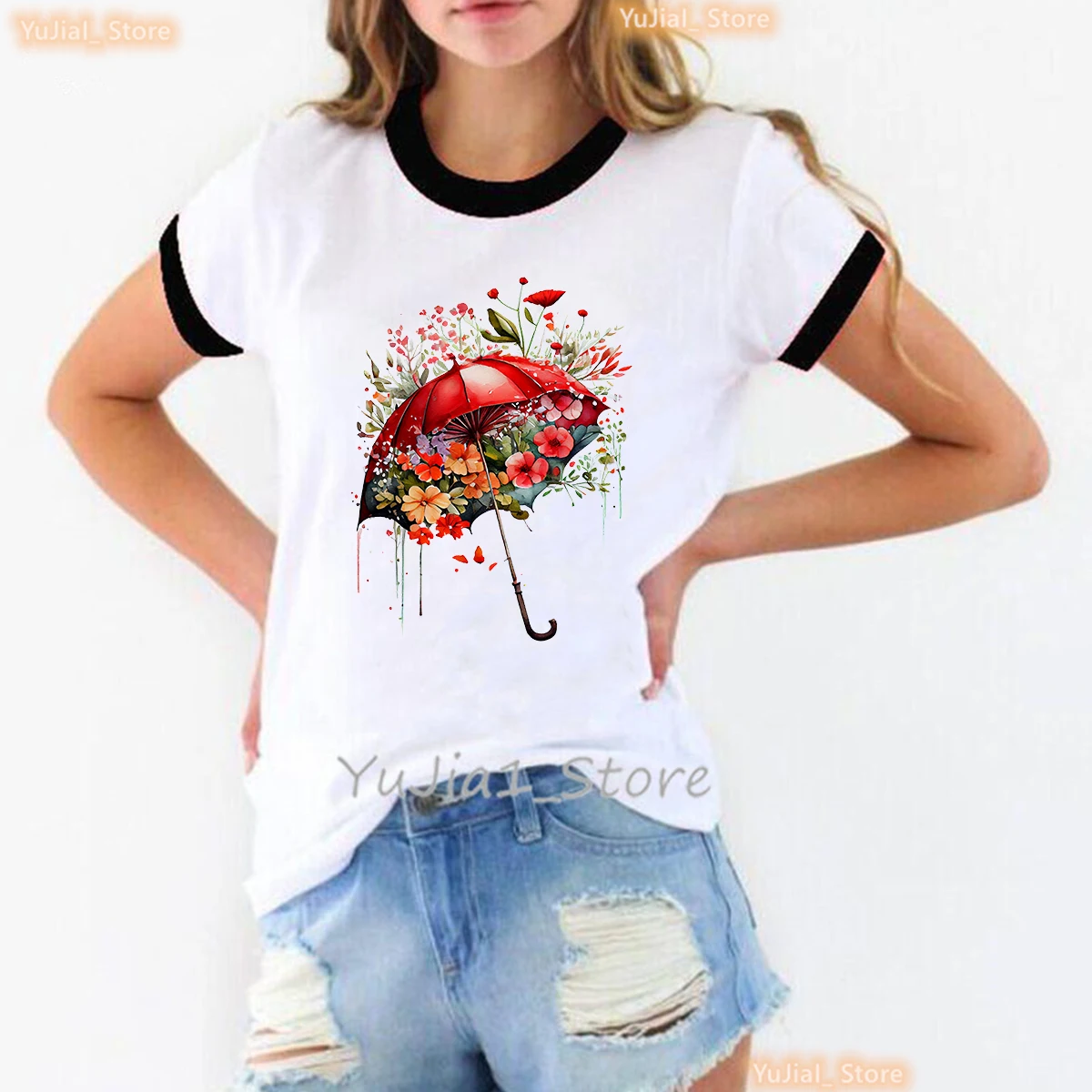 

Floral Umbrella T-Shirt Women Vintage Botanical Inspirational Positive Print Tshirt Trendy Women Watercolor Print Tee Top