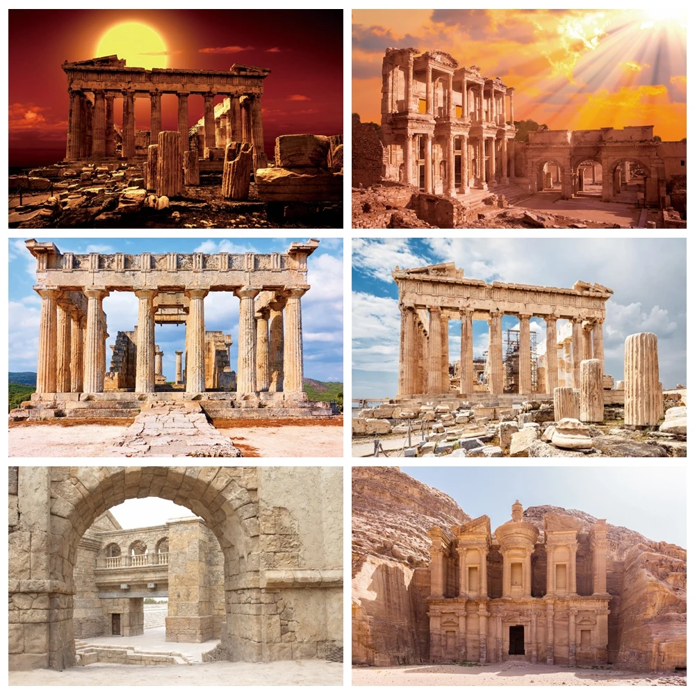 Ancient Roman Greece Architecture Backdrop Desert Sunset Colosseum Ruin Parthenon Medieval Nature Scene Photography Background