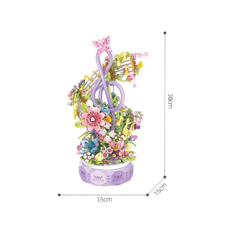 Original Building Block Flower Surrounded By Flowers Music Box Ornaments Desk Decoration Puzzle Model Children's Toys Girl Gift