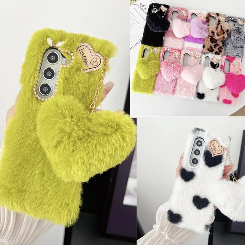 Para Samsung Galaxy Z Fold 5 funda de Corea lindo y esponjoso de felpa colgante de amor funda de teléfono para Galaxy Z Fold6 funda Z Fold3 Z Fold2 Fold5