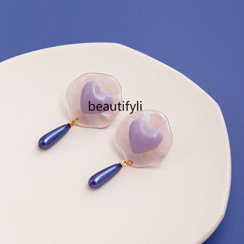 

Earrings Female Purple Love Pearl Pendant Earrings Dignified Ear Clips Unique Design Ear Studs