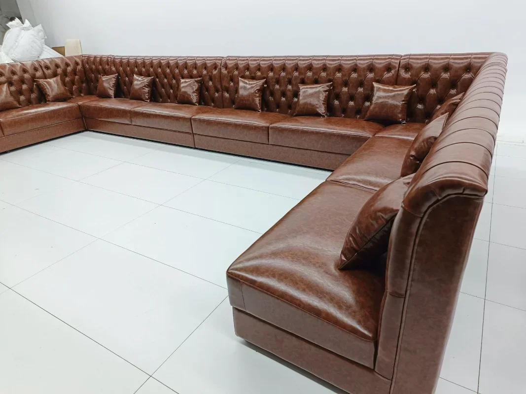 Sofá de couro de luxo leve americano, sala de estar, couro de primeira camada, sofá europeu de madeira maciça