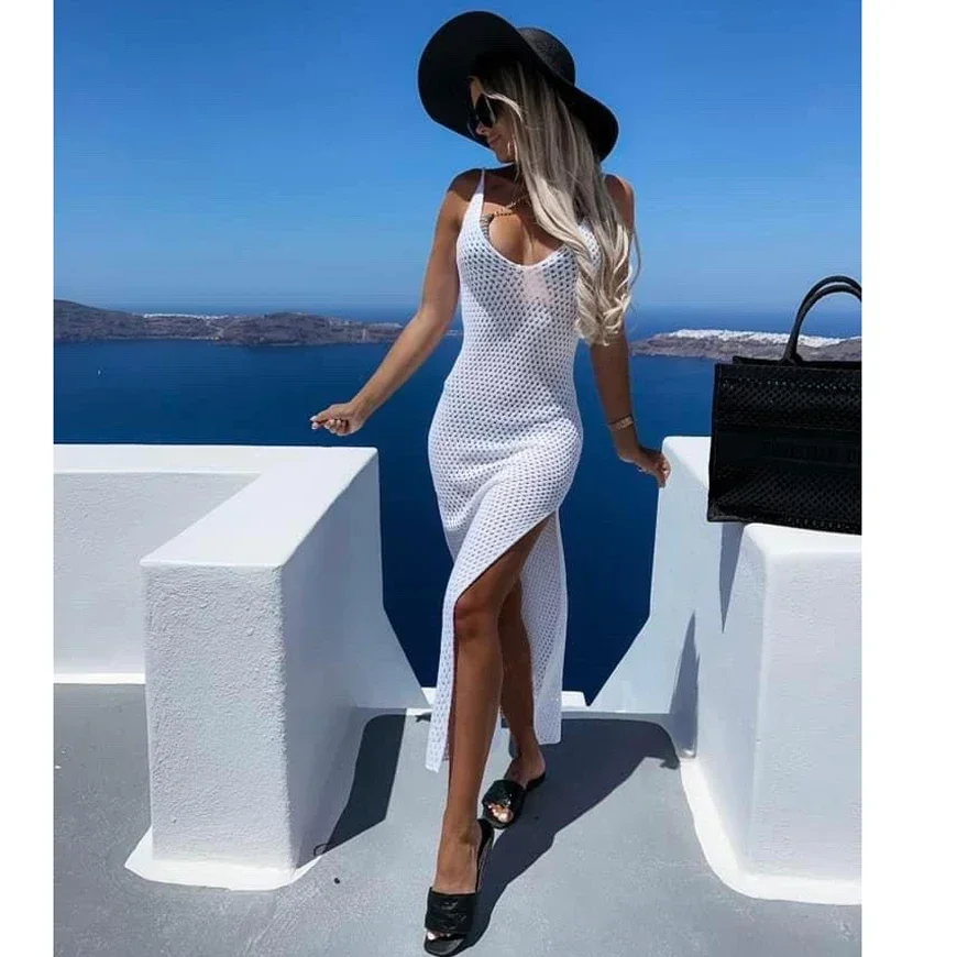 

2024 White Croche Beach Cover Up Sexy Bikini Cover-ups Hollow Out Knitted Mesh Dress Women Summer See Through BeachWear