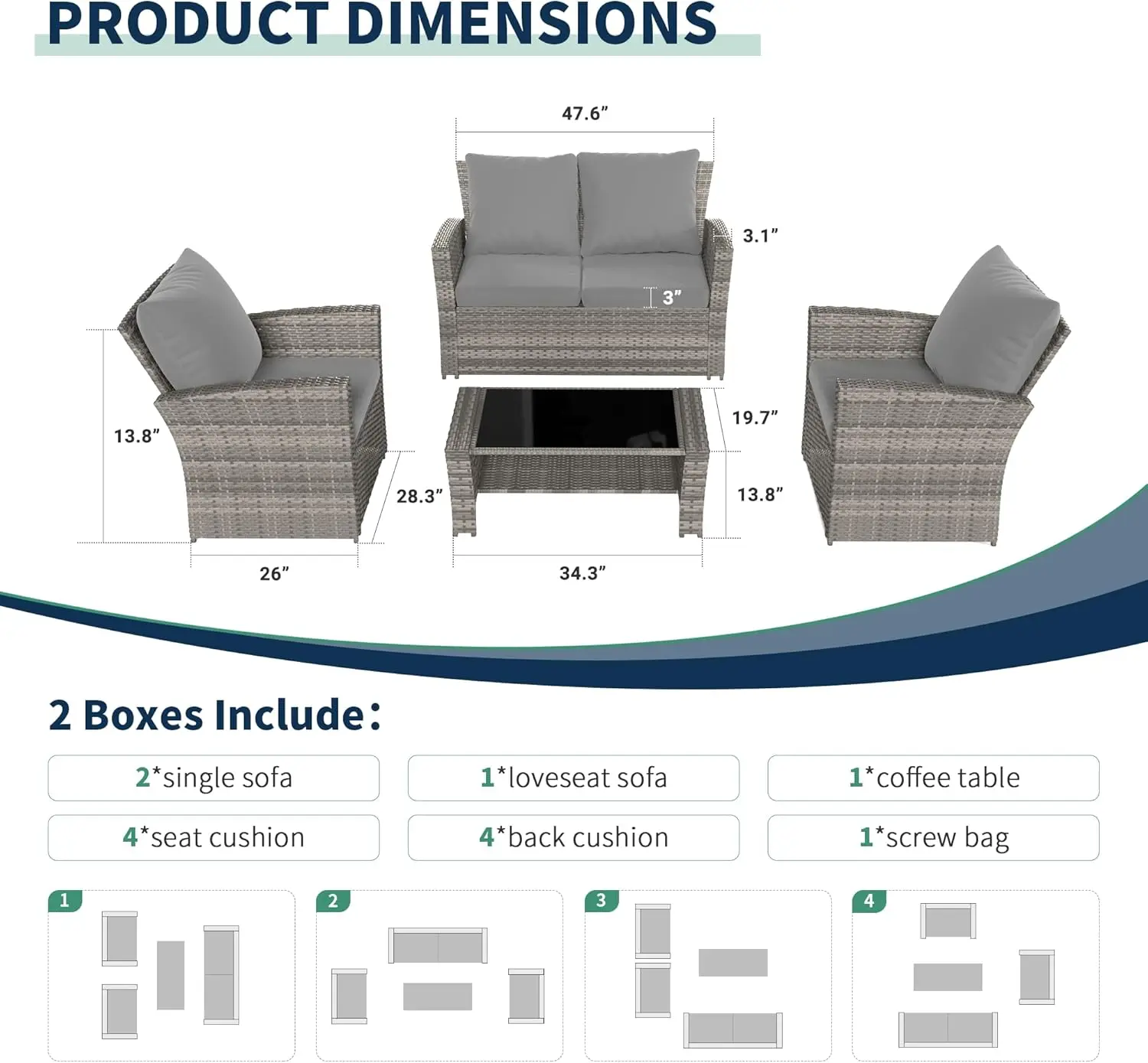 Juego de muebles de mimbre para exteriores, conjunto de sofá de ratán PE gris para conversación de Patio, balcón, porche, gris, 4 piezas