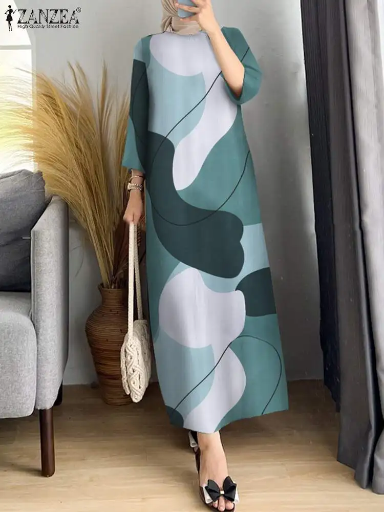 

2024 ZANZEA Spring Maxi Dresses Women Summer O Neck 3/4 Sleeve Sundress Muslim Abaya Robe Femme Casual Printed Vestidos Kaftan