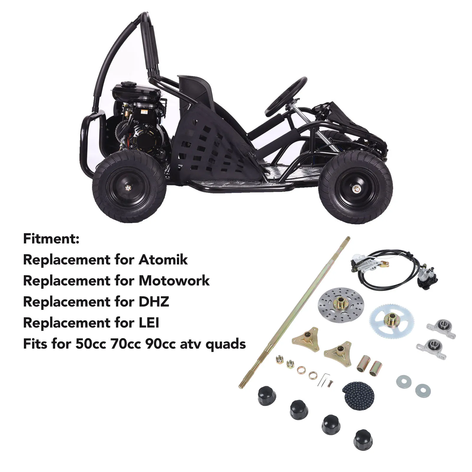 Kit de eje vivo trasero Go Kart, piñones de cadena resistentes, Kit de pinzas de freno de disco de longitud de eje de 29 pulgadas para Quads ATV de 50cc, 70cc y 90cc