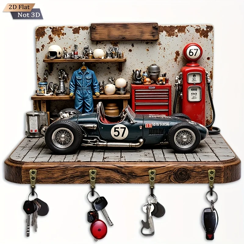 2D Flat. 1pc. Retro Racing Pit Stop Style Key Hook - Multi-Functional Decorative Key Holder with Four Metal Hooks, Wall Decor,