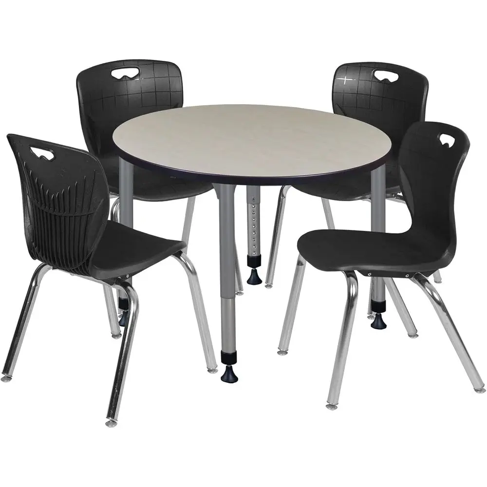 

42 Inch Round Adjustable Classroom Table - Maple & 4 Stackable 18 Inch Chairs - Black & Grey