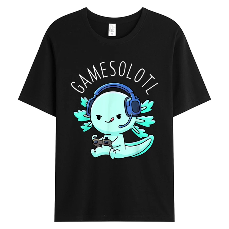 

2025 Unisex Tshirts Gamesolotl Axolotl Gamer Anime Tshirt Gifts Kawaii Men's Cotton Fabric Print Hot Graphic T-Shirt Black