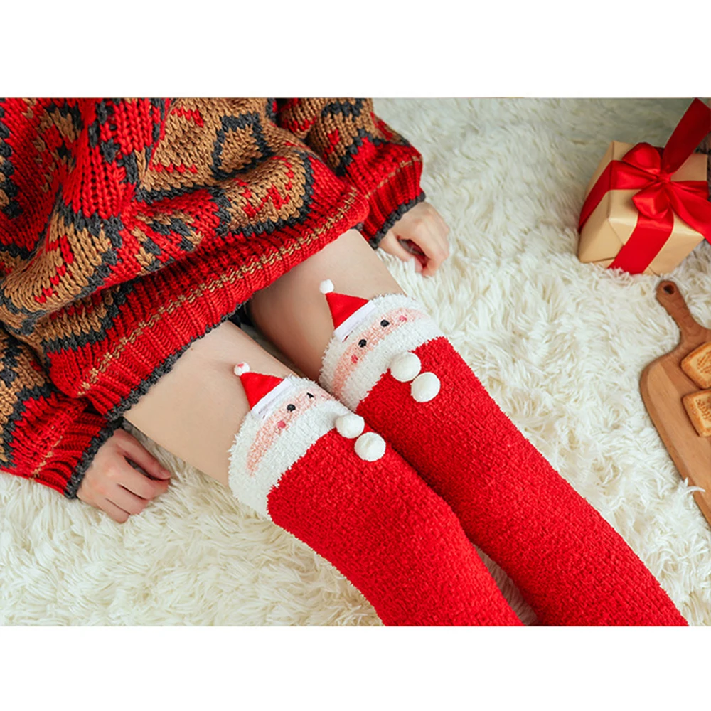 Calzini alti alla coscia da donna Calze natalizie carine Calze in pile di corallo Calze lunghe da donna calde per accessori di moda
