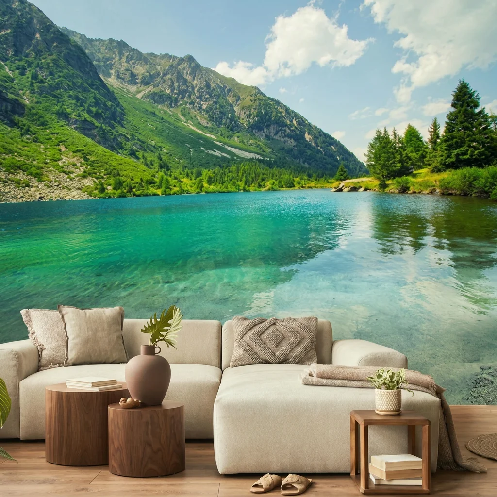 Alpine lake and lush green valley, background wall for living room, study, and bedroom, self-adhesive material.