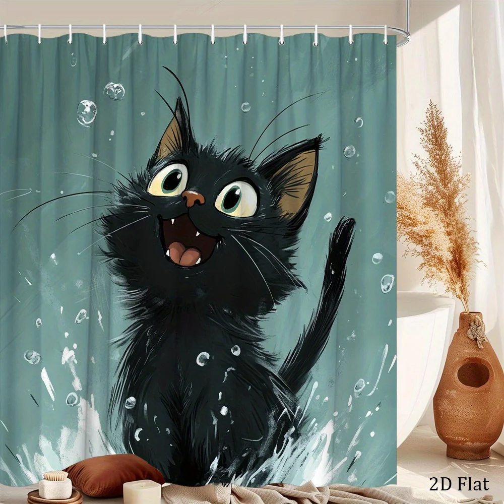 1pc Cat Water Shower Curtain Cartoon Black Cat Joyful Smile in Mid-Jump Water Droplets, Dynamic Playful Illustration, 70.8*70.8