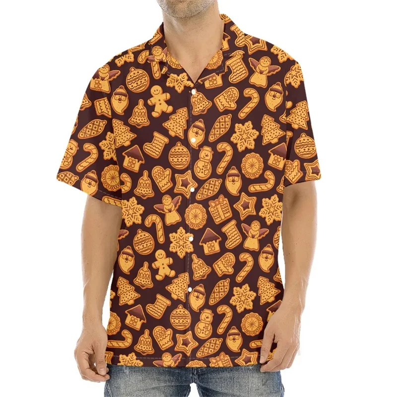 Chocolate Chip Cookie Pattern Print Beach Shirts Mens Short Sleeve Button Large Size Shirt Tops Casual Designer Hawaii Blouse