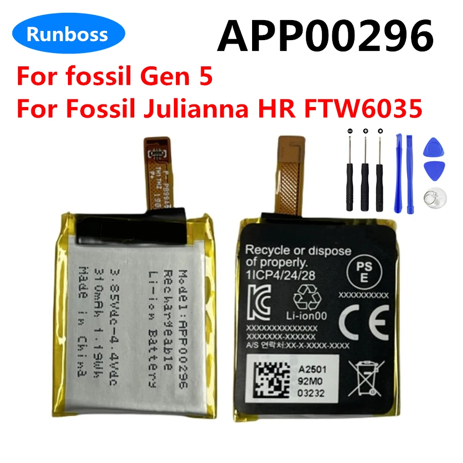 Battery For Apack APP00296 For Fossil Gen 3 3rd 5 /Fossil Julianna HR FTW6035 APP00276 APP00278 APP00221 APP00222 APP00302+tools