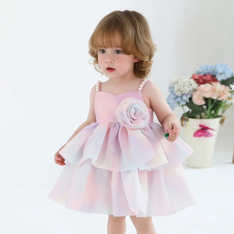

Toddler Girl Rainbow Flower Ruffled Princess Dress For Sweet Baby Kids Birthday Party Formal Baptism Pageant Party Ceremony Gown