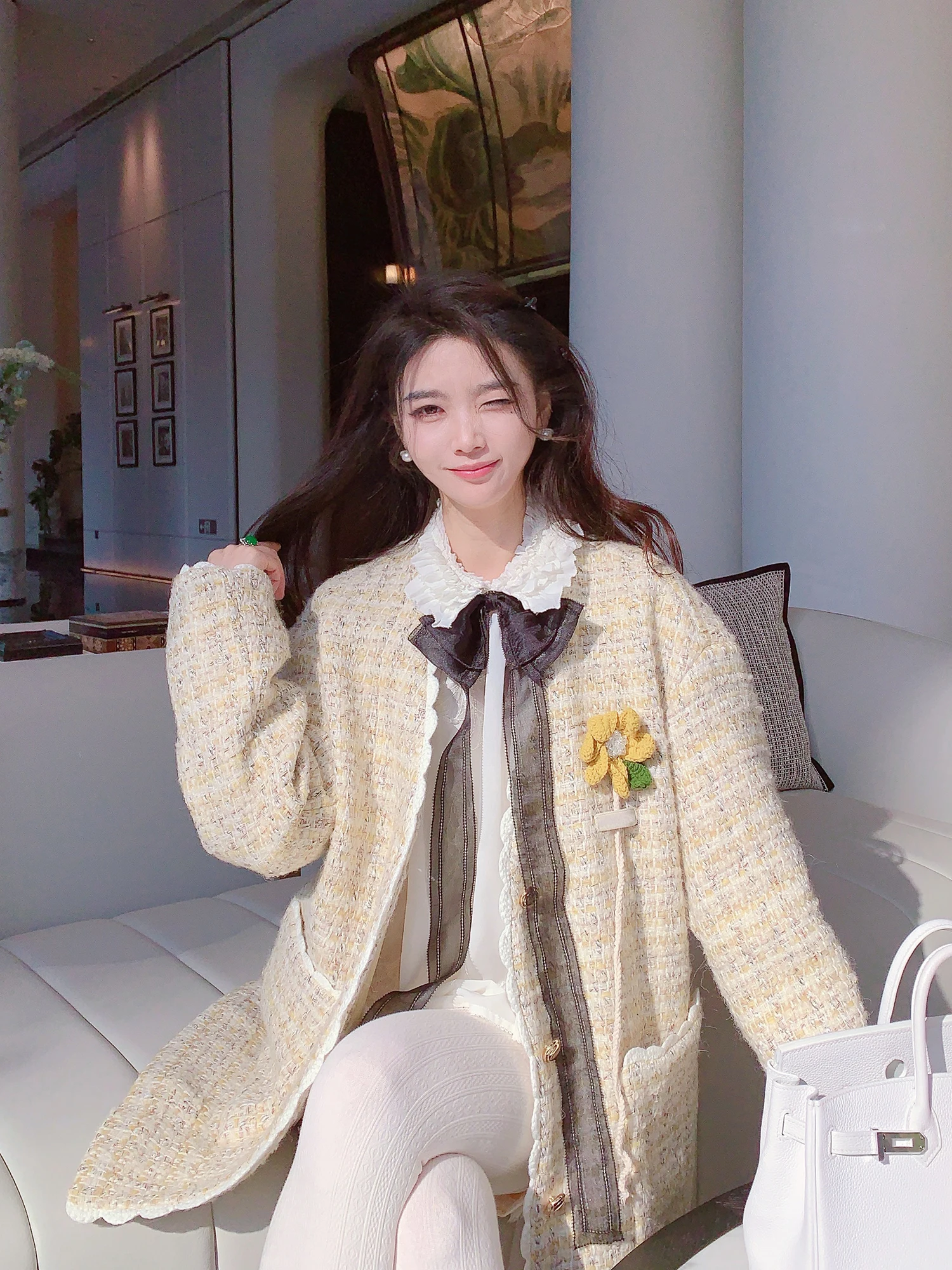 

Early Spring Tweed Jacket for Girls Commute Style Standard Fit Button Detail Polyester Blend Warm Long Sleeve Coat