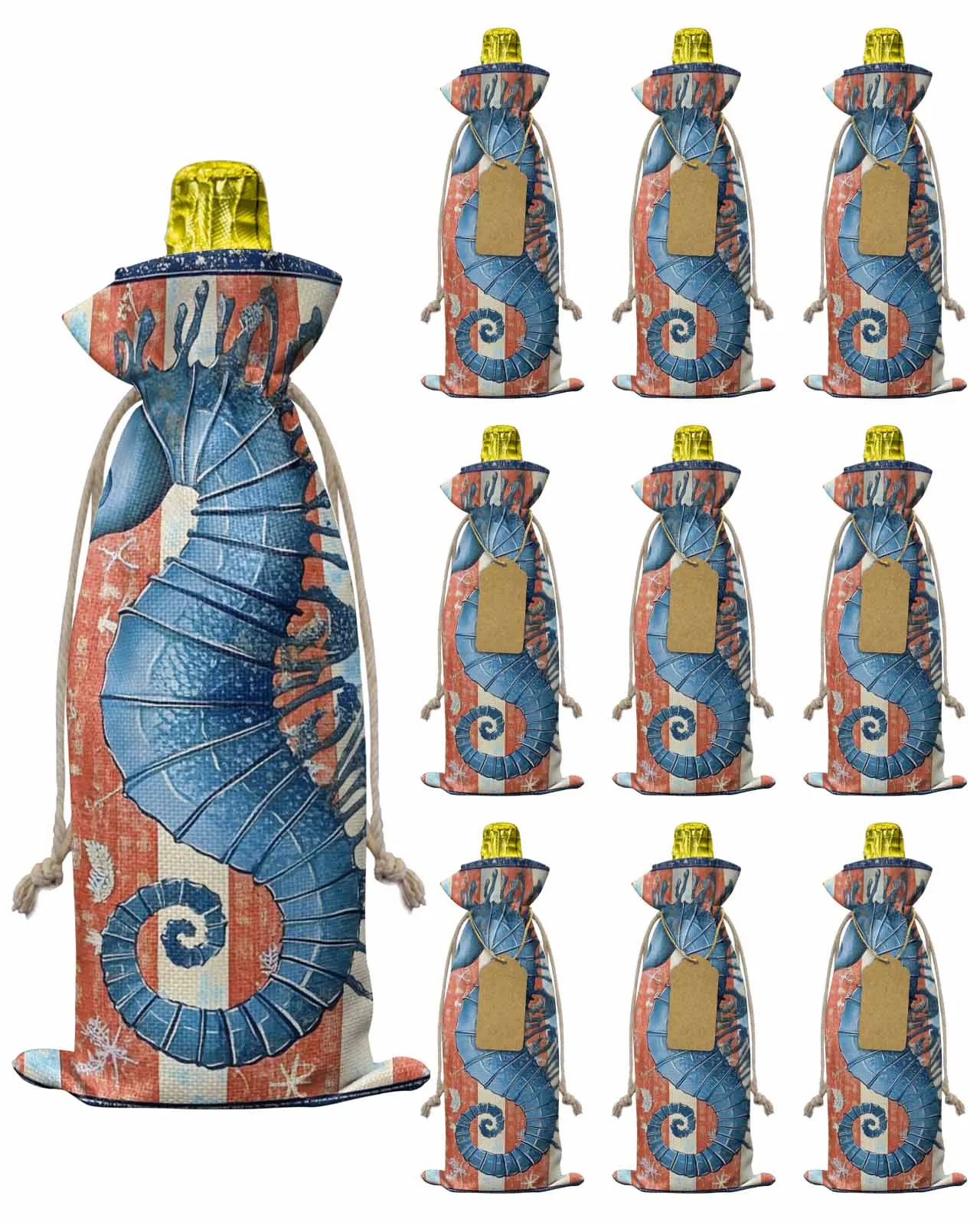 

10pcs Wine Bottle Covers Vintage Stripes Seahorse Wine Holder Carrier Packaging Bag Wedding Party Decor Gift