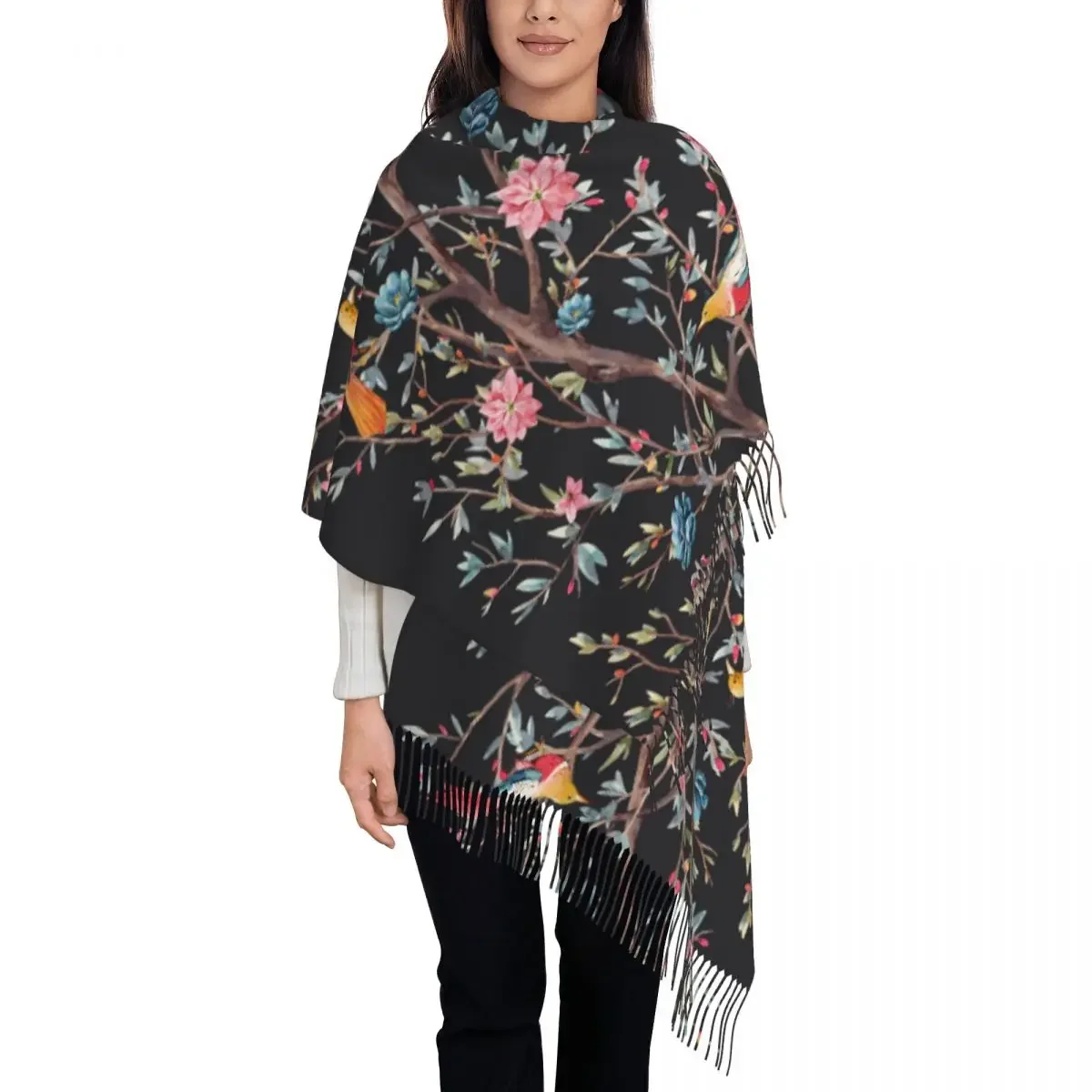 Personalized Printed Watercolor Spring Flowering Tree With Birds Long Pile Fringe Men Scarf Women'S Anti Chill Scarf