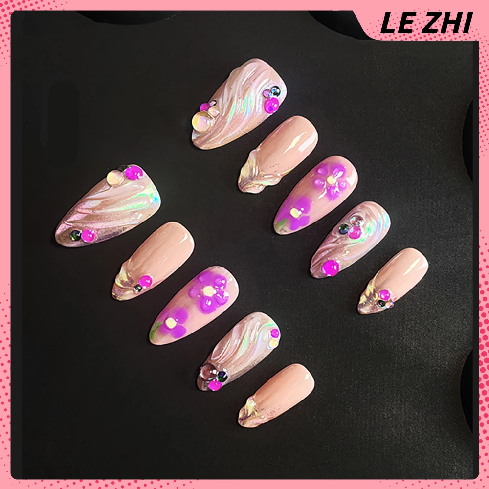 10 stuks 3D Carving Flower Series Handgemaakte pers op Nail Art Europa Amerika Spice Girl Franse amandel volledige dekking draagbare nepnagels