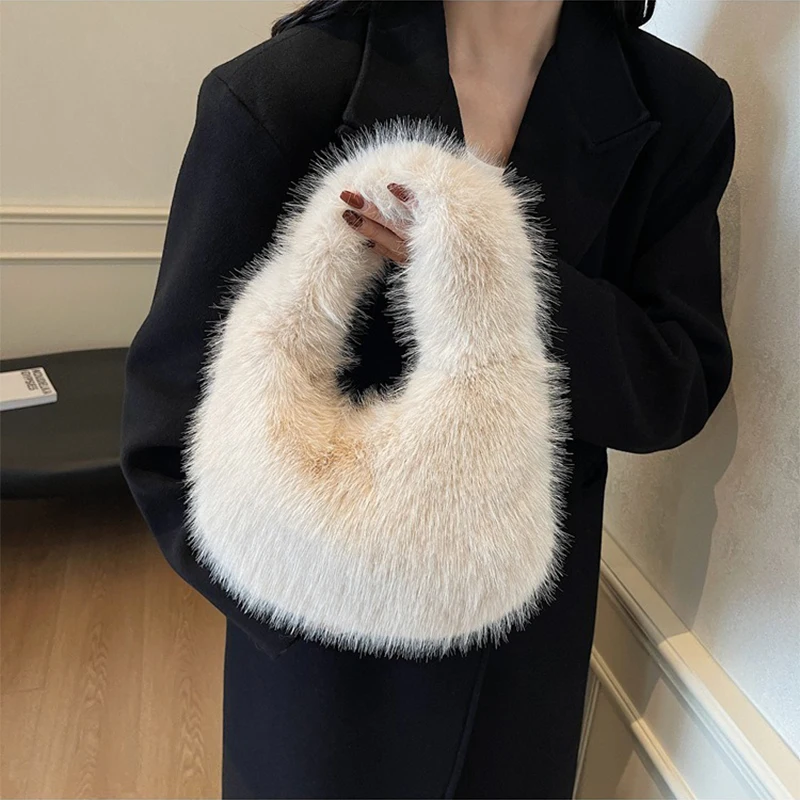 ISKYBOB Luxury Faux Fur Women's Shoulder Bag Winter Fluffy Fashion Solid Color Commuting Dumpling Tote Bag Soft Plush Handbags