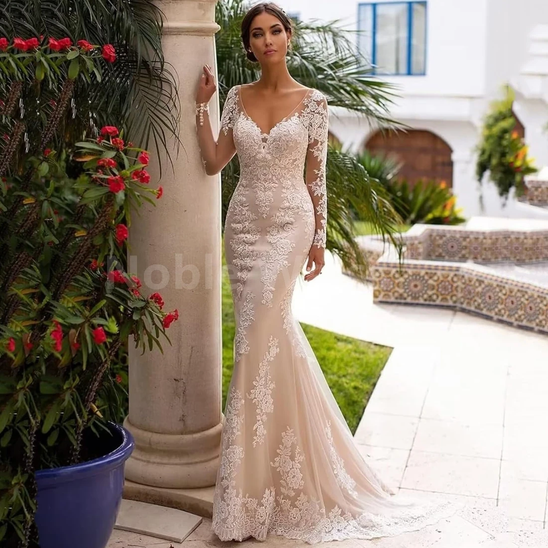 Exquisite Lace V-Neck Mermaid Wedding Dress with Backless Design Customized