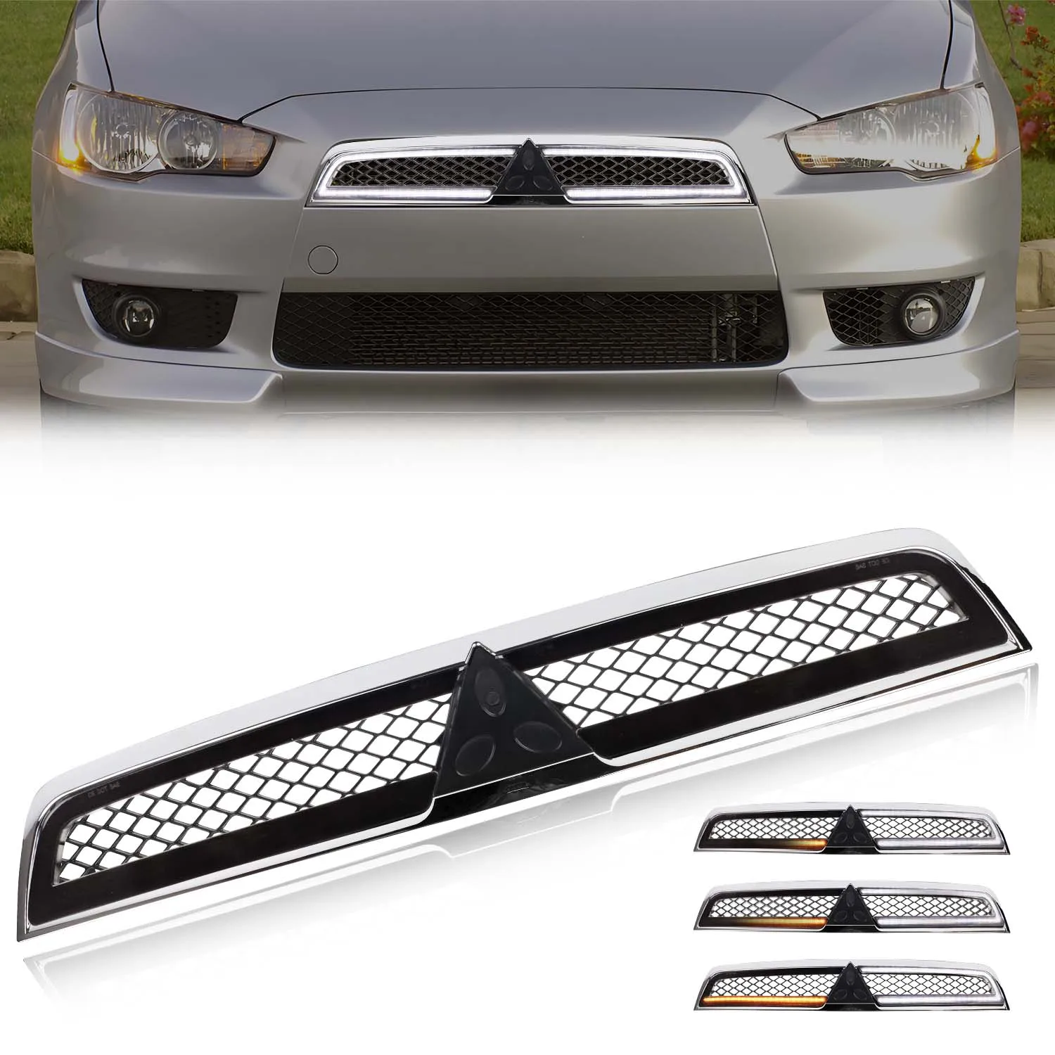 1Pcs For 2008-2015 Mitsubishi Lancer Front Bumper Turn Signal Light Chrome Shell Black Insert Grill Hood Mesh DRL Light W/LED