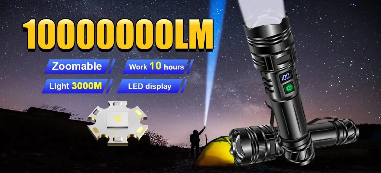 10000000LUMS GT10 Flashlight Super Bright Portable Ultra Power Long Range Tactical Torch Lamp Outdoor Emergency Camping Lantern